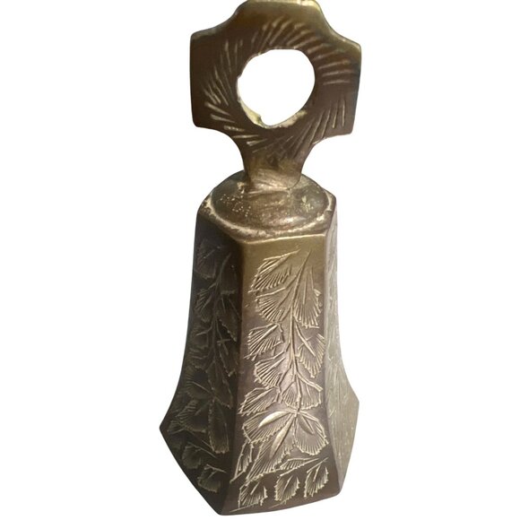 Vintage Chinoiserie Brass Hand Bell Leaf Engraving Hexagon Zen Altar Bell - Picture 1 of 4